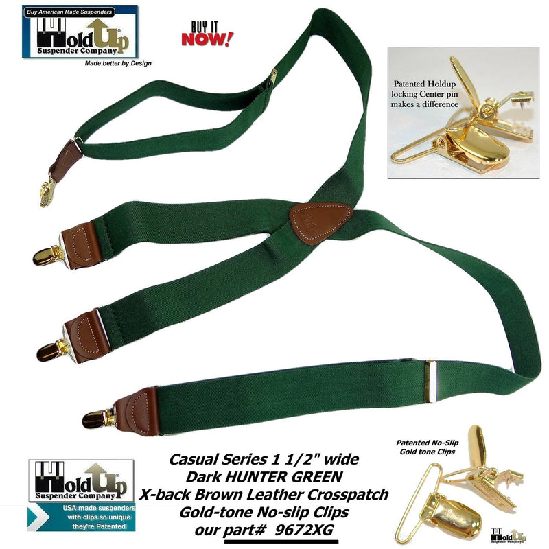 [Australia] - Holdup Suspender Company's Dark Hunter Green Men's Clip-On Suspenders with X-Back Style and Gold No-slip Clips 