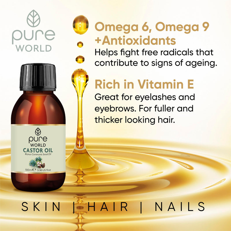 [Australia] - Pure World Castor Oil 100ML. Cold Pressed 100% Pure and Natural Hexane Free Eyebrows, Nails, Beard, Hair, Eyelash Growth Cruelty Free 