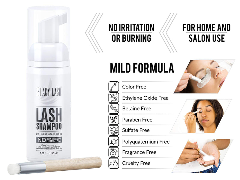 [Australia] - Eyelash Extension Shampoo Stacy Lash + Brush / 1.69 fl.oz / 50ml / Eyelid Foaming Cleanser / Wash for Extensions and Natural Lashes / Paraben & Sulfate Free Safe Makeup & Mascara Remover / Professional & Self Use 2 Piece Set 