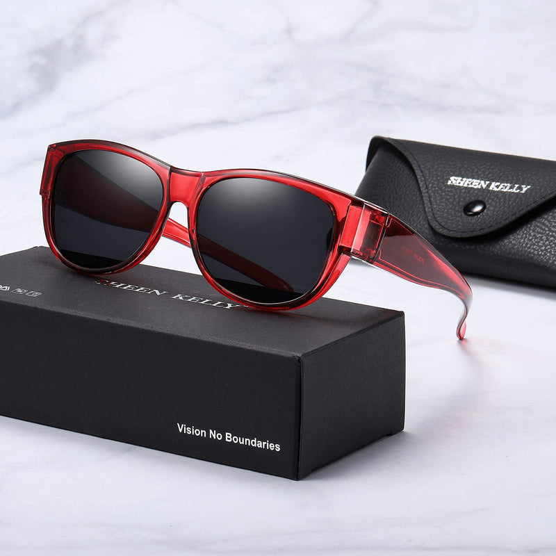 [Australia] - Fashion Oversized Fits Over Sunglasses Polarized Mirrored Lens for Women Men Goggles Go over Prescription Glasses Wraparound Shield Cateye Red Frame and Grey Lens 