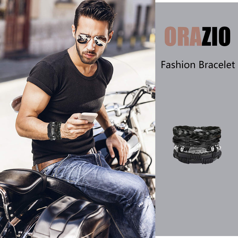 [Australia] - ORAZIO 14-16Pcs Braided Leather Bracelet for Men Women Cuff Wrap Bracelet Set Black and Brown Woven Rope Wristbands Bracelet Adjustable Style 1 