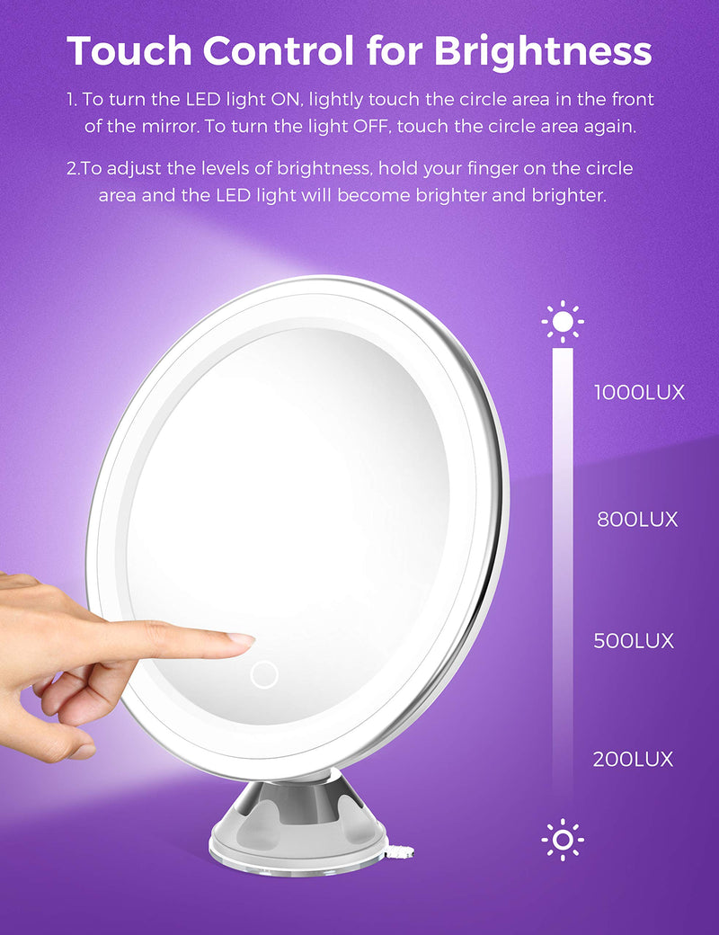 [Australia] - Upgraded 10x Magnifying Lighted Makeup Mirror with Touch Control LED Lights, 360 Degree Rotating Arm, and Powerful Locking Suction Cup, Portable Magnifying Mirror for Home, Bathroom Vanity, and Travel 