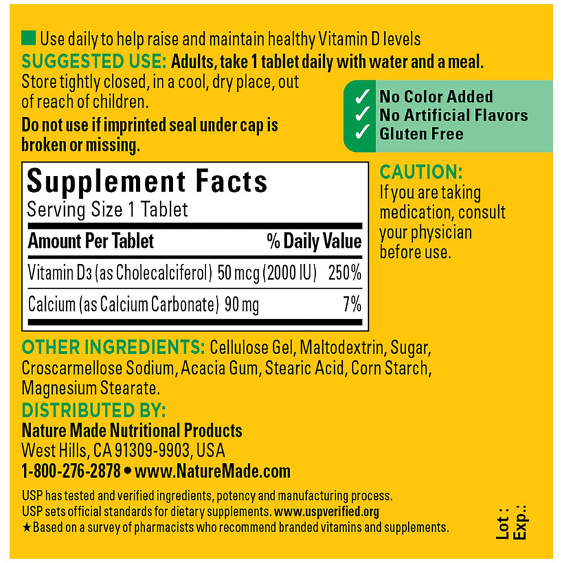 [Australia] - Nature Made Vitamin D3, 100 Tablets, Vitamin D 2000 IU (50 mcg) Helps Support Immune Health, Strong Bones and Teeth, & Muscle Function, 250% of the Daily Value for Vitamin D in One Daily Tablet 100 Count (Pack of 1) 