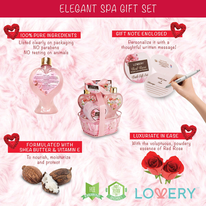 [Australia] - Father's Day Spa Gift Basket in Red Rose Fragrance - Lovely Bath Gifts - Best Home Spa Set - Luxury Bath & Body Set, Contains Shower Gel, Bubble Bath, Body Lotion, Bath Salt, Puff & Heart Wired Basket 