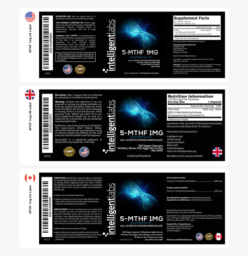 [Australia] - 1MG L-5 MTHF by Intelligent Labs, 120 Capsules 4 Months Supply, L-5-methyltetrahydrofolate Activated Folic Acid Supplement as Quatrefolic Acid, Activated Folate 