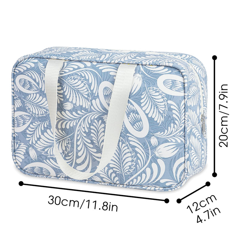 [Australia] - Full Size Toiletry Bag Large Cosmetic Bag Travel Makeup Bag Organizer for Women and Girls (Blue Leaf) A-blue Leaf 