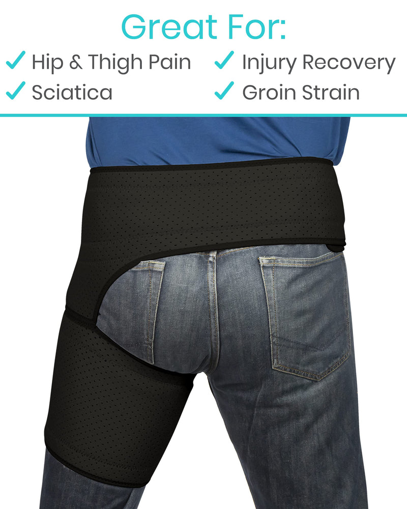 [Australia] - Vive Groin and Hip Brace - Sciatica Wrap for Men and Women - Compression Support for Nerve Pain Relief - Thigh, Hamstring Recovery for Joints, Flexor Strains, Pulled Muscles Black 25" to 48" 