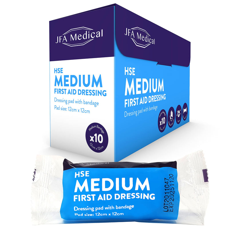 [Australia] - JFA Medical HSE Medium Sterile First Aid Wound Dressing Bandage with Pad 12 x 12cm - Pack of 10 Bandages 10 Count (Pack of 1) 