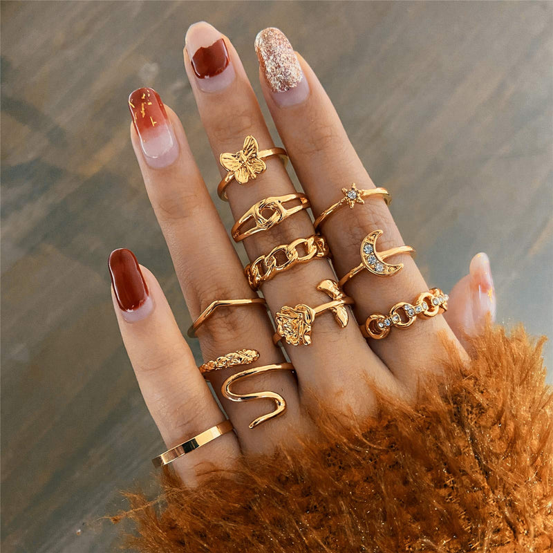 [Australia] - Gold Rings Set for Women Girls Snake Chain Knuckle Stacking Ring Vintage BOHO Midi Rings SIze Mixed Design 1 