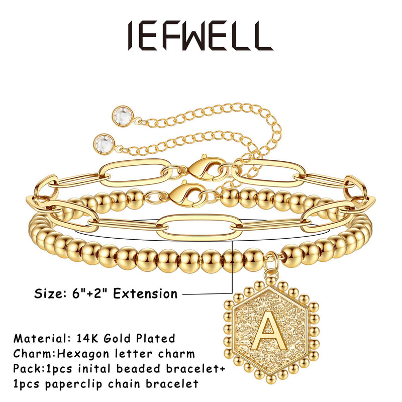 [Australia] - Gold Initial Bracelets for Women, 14K Gold Plated Beaded Bracelets for Women Teen Girls Hexagon Pendant Personalized Gold Layered Paperclip Link Chain Bracelets Initial Bracelet Dainty Initial Jewelry A 