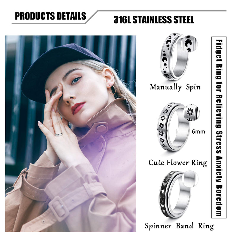 [Australia] - Jstyle 6Pcs Stainless Steel Fidget Band Rings for Women Mens Spinner Rings Moon Star Flower CZ Ring Set Stress Relieving Wedding Promise Ring Size 5-10 