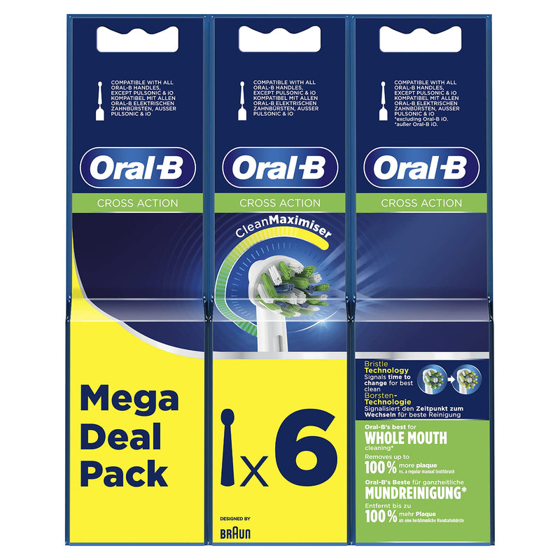 [Australia] - Oral-B Cross Action Electric Toothbrush Head with CleanMaximiser Technology, Angled Bristles for Deeper Plaque Removal, Pack of 6, White 6 Pack single 