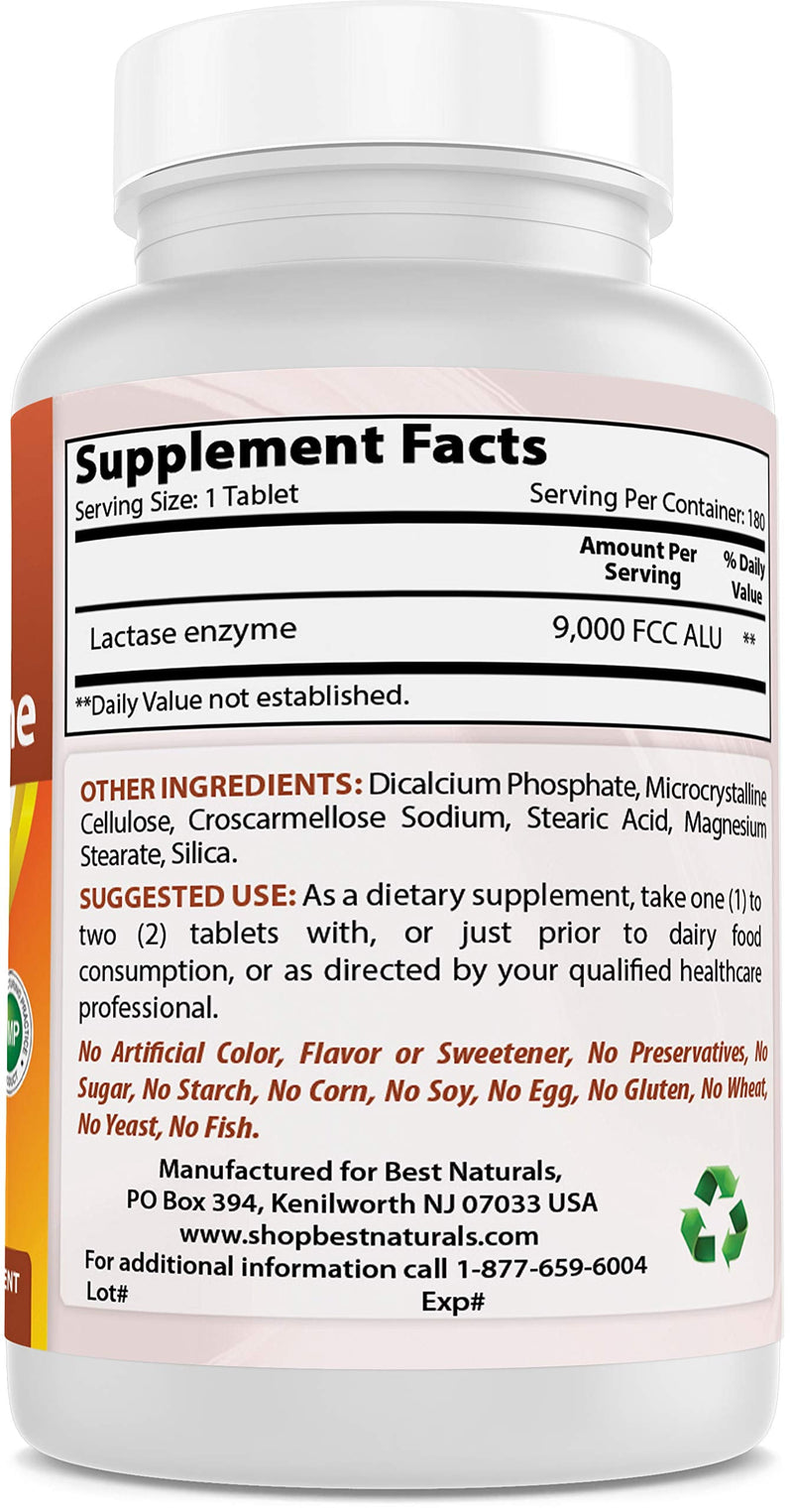 [Australia] - Best Naturals Lactose Intolerance Relief Tablets with Natural Lactase Enzyme, Fast Acting High Potency Lactase, 9000 FCC ALU, 180 Count 