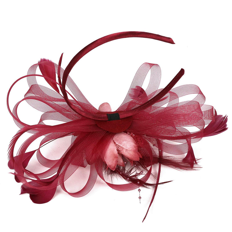 [Australia] - HIDOLL Fascinator Hat Feather Mesh Net Veil Party Hat Ascot Hats Flower Derby Hat with Clip and Hairband for Women A-dark Red 