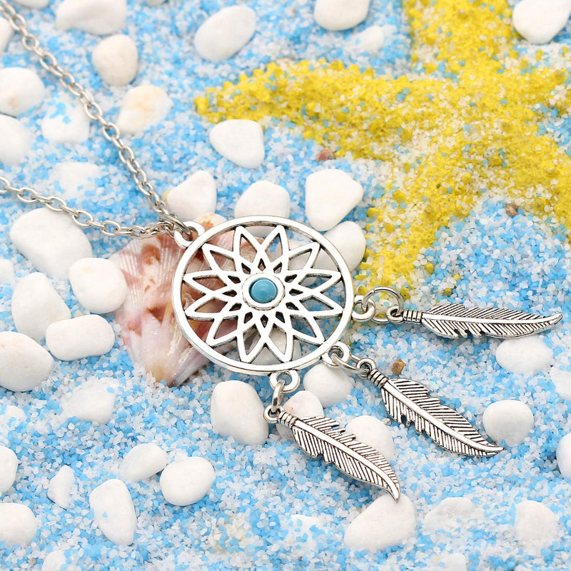 [Australia] - lauhonmin 3pcs Women Retro Silver Turquoise Feather Dream Catcher Pendant Necklace Earrings Set Family Friend Gift 