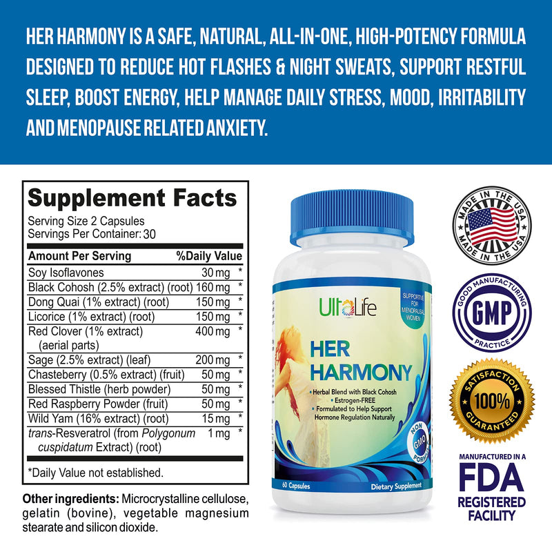 [Australia] - Her Harmony Advanced Menopause Supplement + Black Cohosh. Mood Swings, Irritability, Hot Flashes & Night Sweats Relief. Estrogen-Free. Natural Herbal Pill Balances Hormones to Help You Feel Good Again 120 Count (Pack of 1) 