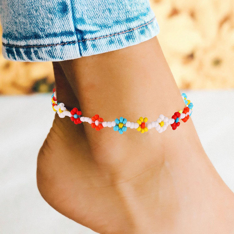 [Australia] - Beaded Anklets for Women Boho Cute Daisy Flower Bead Ankle Bracelets Handmade Waterproof Surfer Anklet Summer Beach Foot Jewelry for Women Teen Girls Colorful flower bead anklet 