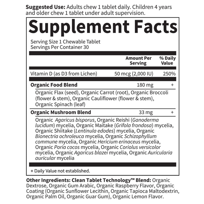 [Australia] - Garden of Life Organic Vitamin D - mykind Organics Vegan D3 Chewable - Raspberry Lemon, 2,000 IU (50mcg) Whole Food Vitamin D3 from Lichen Plus Food & Mushroom Blend, Gluten Free, 30 Chewable Tablets 
