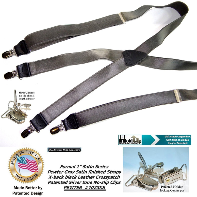 [Australia] - Holdup Brand dark Pewter Grey Satin Finished 1" narrow X-back Suspenders with Silver tone Silver No-slip clips 