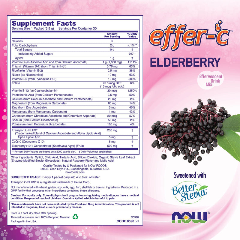 [Australia] - NOW Supplements, Effer-C™, Elderberry, Vital Electrolytes*, 1000 mg of Vitamin C, 30 Packets 