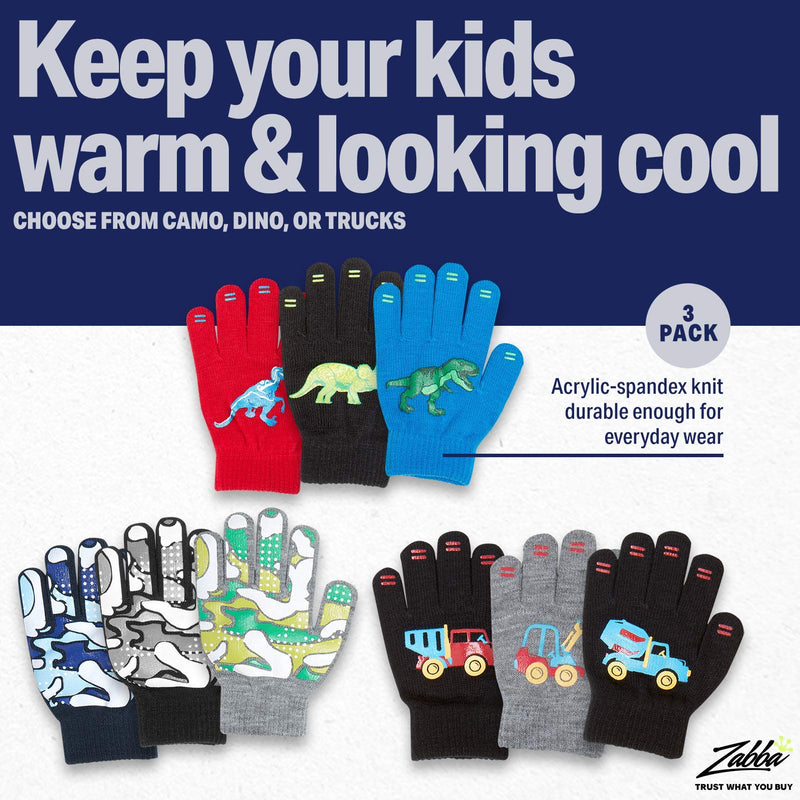 [Australia] - 3 Pack - Magic Stretch Winter Kids Gloves for Boys, Kid & Children, Toddler - Dino, Camo, Trucks 3-5 years old 14cm 