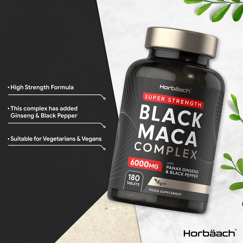 [Australia] - Maca Root Capsules 6000mg | High Strength | Black Maca Complex | with Black Maca, Panax Ginseng, Yellow Maca & Black Pepper | 180 Vegan Tablets | by Horbaach 