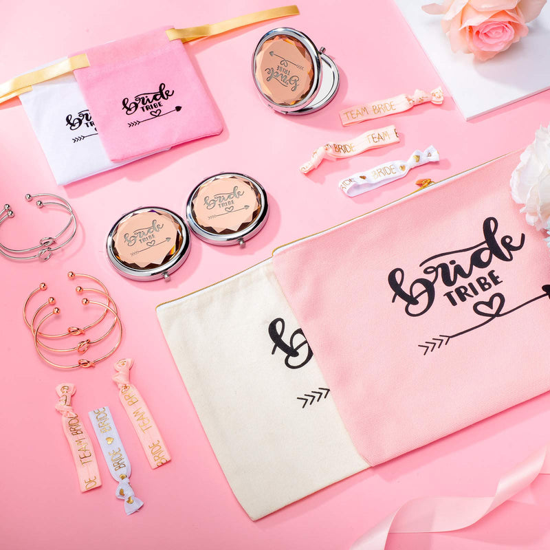 [Australia] - 21 Pieces Bridesmaid Proposal Present Set Bride Canvas Cosmetic Makeup Clutch Bags Compact Pocket Makeup Mirrors Bridemaid Love Knot Bracelets Bride Hair Tie for Bridal Shower 