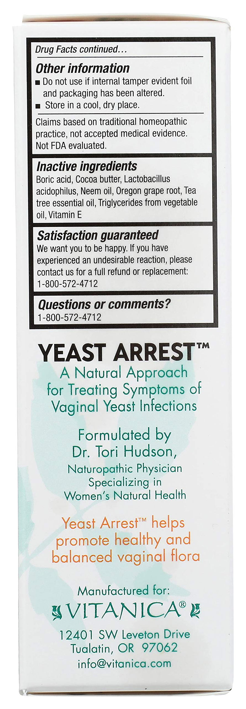 [Australia] - Vitanica Yeast Arrest, Homeopathic Vaginal Suppositories, for Yeast Infection Symptoms, Relieves Burning, Itching & Discharge, with Boric Acid, Tea Tree Oil & Probiotics, Vegan, 28 Count 