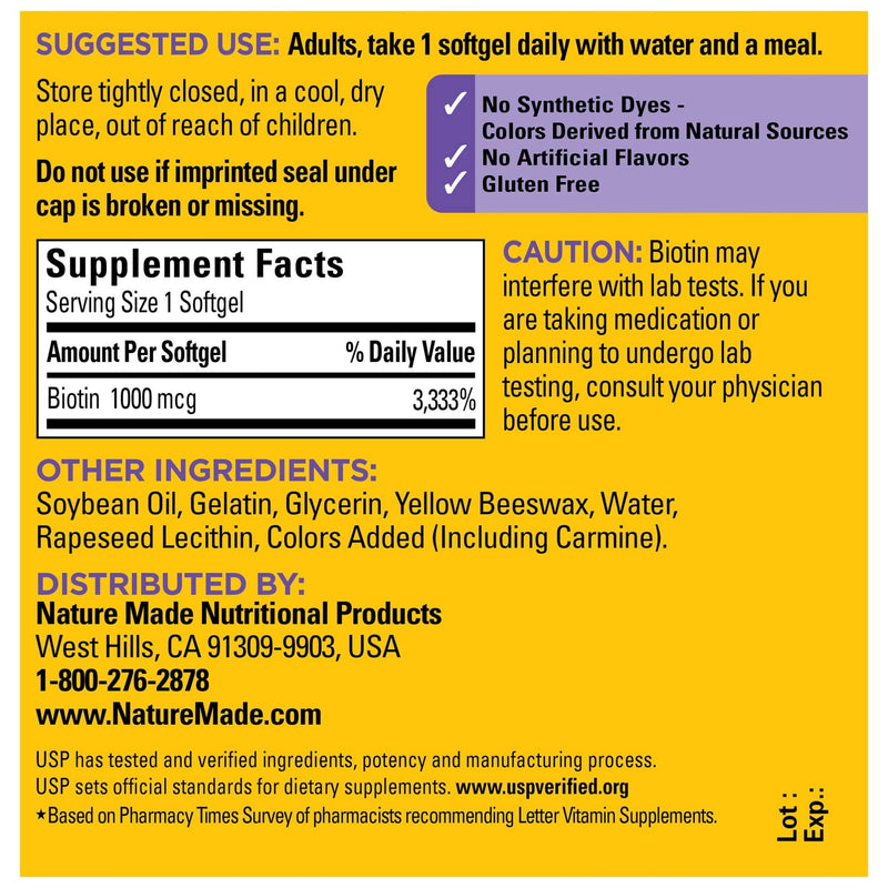 [Australia] - Nature Made Biotin 1000 mcg, Dietary Supplement Supports Healthy Hair & Skin, 120 Softgels, 120 Day Supply 120 Count (Pack of 1) 