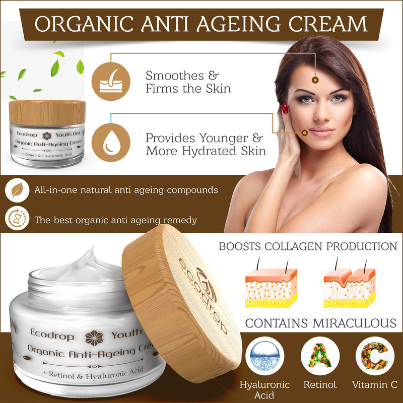 [Australia] - Ecodrop Organic Anti Ageing Cream | Advanced Daily Facial Wrinkle Treatment Cream for Women & Men | All Natural | with Hyaluronic Acid, Retinol & Argan Oil | Vegan | Eco Packaging 