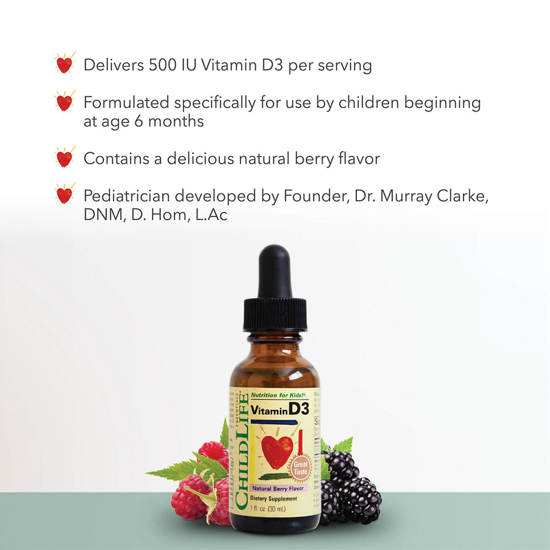 [Australia] - ChildLife Essentials Vitamin D3 - Vitamin D Drops for Kids, Supports Immune, Respiratory, Heart, & Bone Health, All-Natural, Gluten-Free, Non-GMO, 500 IU (12.5 mg) - Natural Berry Flavor, 1 Fl. Oz Bottle (Pack of 3) 1 Fl Oz (Pack of 3) 