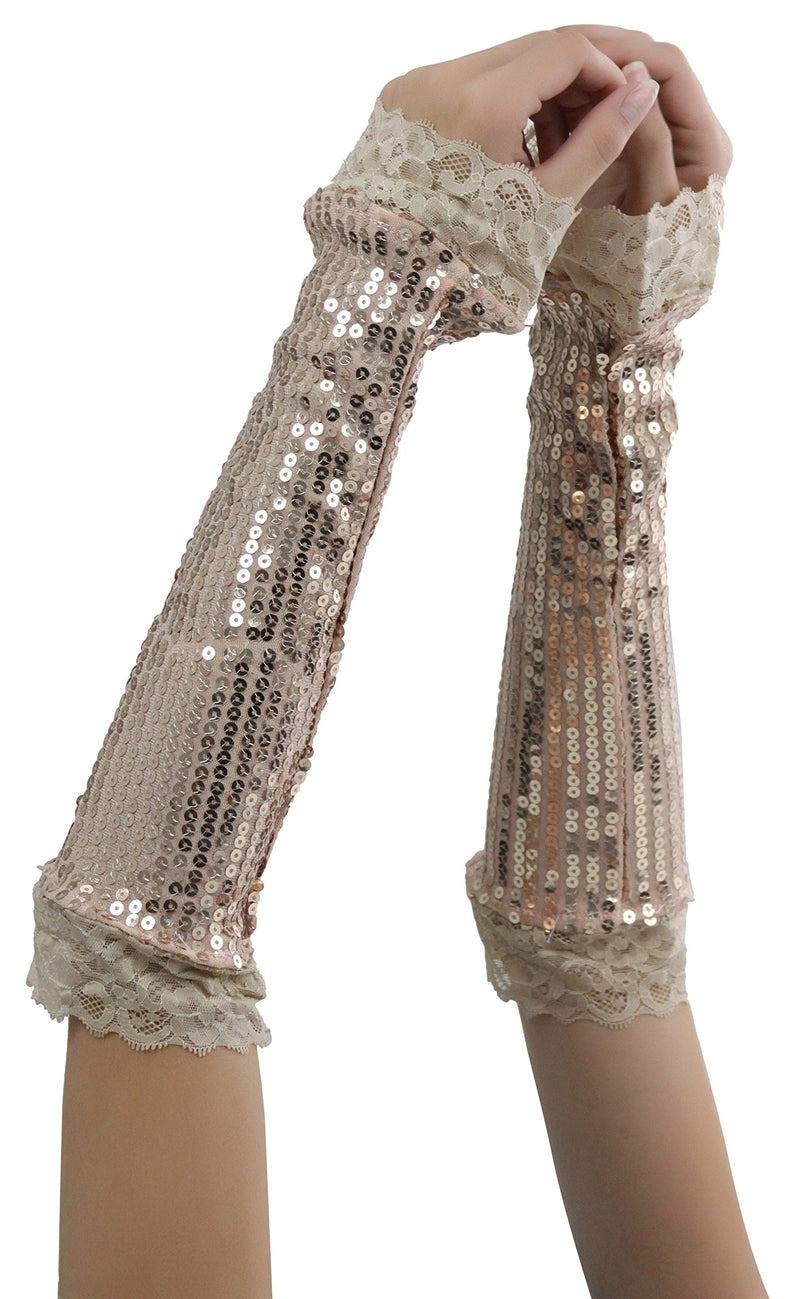 [Australia] - ToBeInStyle Women's Elbow Length Sequin With Lace Trim Arm Warmer One Size Regular Gold 