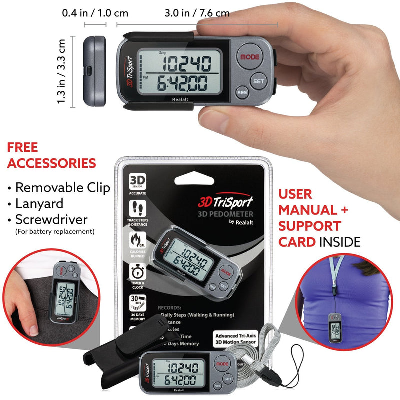 [Australia] - 3DTriSport Walking 3D Pedometer with Clip and Strap, Free eBook | 30 Days Memory, Accurate Step Counter, Walking Distance Miles/Km, Calorie Counter, Daily Target Monitor, Exercise Time. Grey/Black 