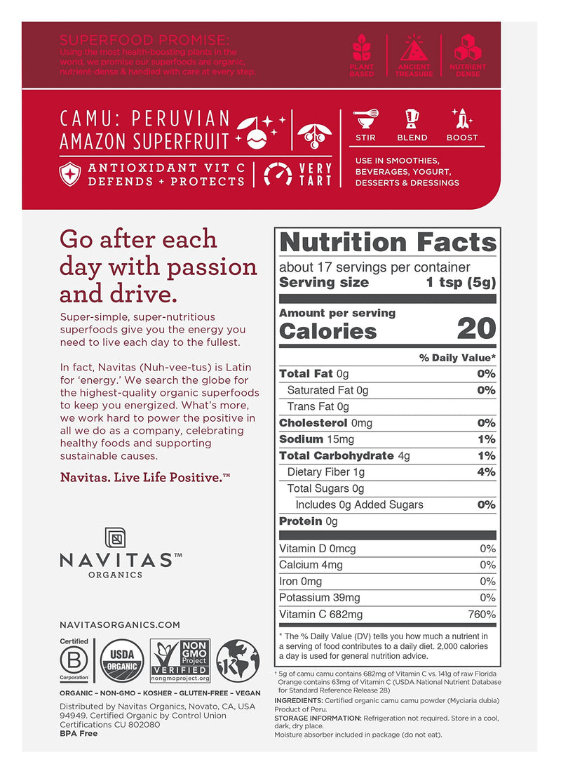 [Australia] - Navitas Organics Camu Camu Powder. Bag, 17 Servings — Organic, Non-GMO, Gluten-Free, 3 Ounce (Pack of 1) (858847000208) 
