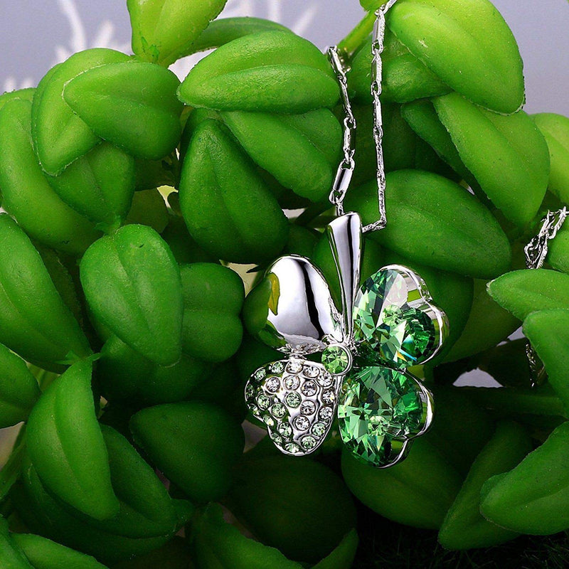 [Australia] - Four Leaf Clover Necklace - Green St.Patrick's Day Shamrock Jewelry - Good Luck - Green Clover Necklace, Earrings, Bracelet, Brooch - Crystals and Rhinestones - Mall of Style Silver Necklace 