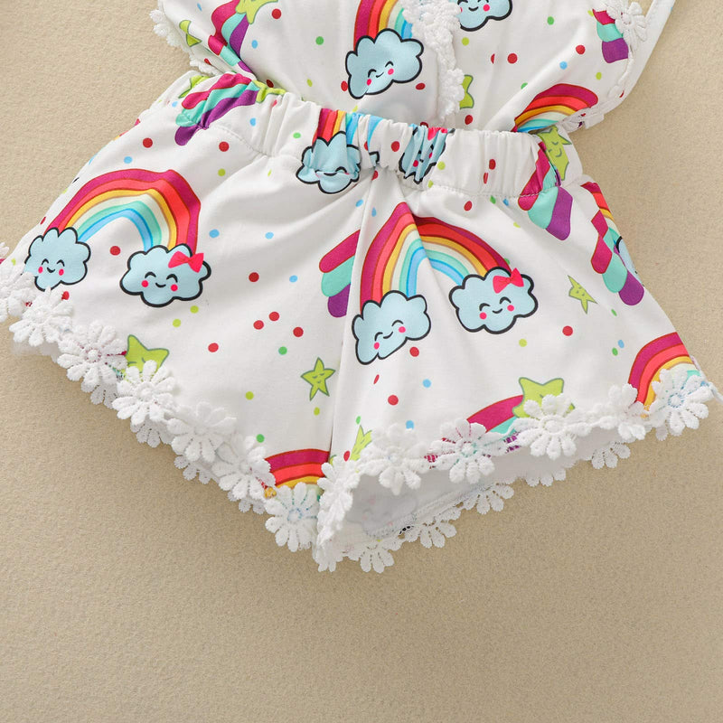 [Australia] - Toddler Baby Girl Sleeveless Straps Jumpsuit Linen Romper Shorts Playsuit Sunflower Outfit Cute Summer Clothes White-rainbow 0-6 Months 