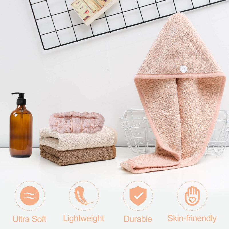 [Australia] - EEEKit Microfiber Hair Towel Wrap for Women, Super Absorbent Hair Drying Towels with Button, Quick Drying Ultra Soft Hair Towel Turban for Curly, Long & Thick Hair(Pink, Beige, Coffee, Headband) 