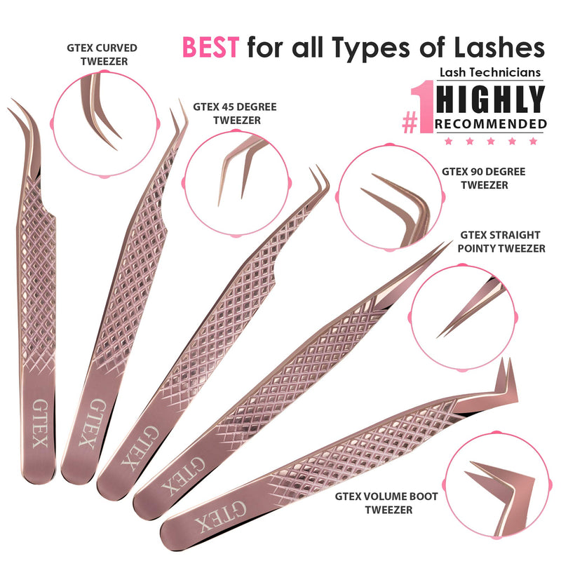 [Australia] - GTEX Lash Eyelash Extension Tweezers Set of 5, Japanese Stainless Steel Tools Straight Curved 45 90 Degree Angled Tip, Volume Tweezers Precision Rose Gold 