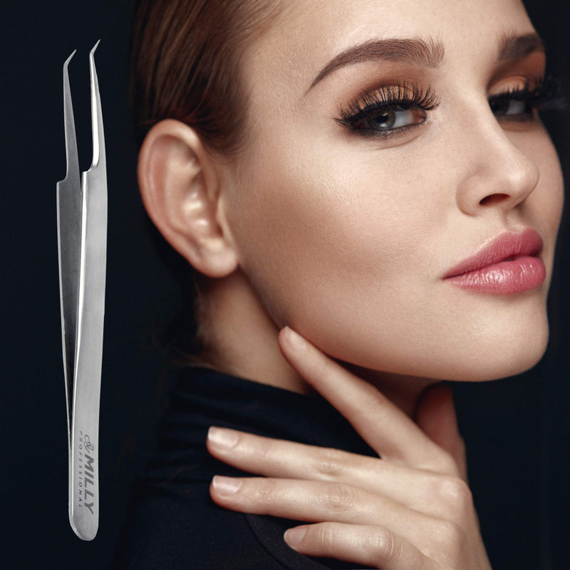 [Australia] - By MILLY Professional - Volume Eyelash Extension Tweezers - Lash Tweezers for Volume Pick-Up - Curved Precision Closure Tips - Titanium Coated Stainless Steel - 14 cm (5.5 inches) 