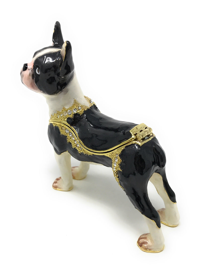 [Australia] - Kubla Crafts Enameled Boston Terrier Dog Trinket Box, Accented with Austrian Crystals 