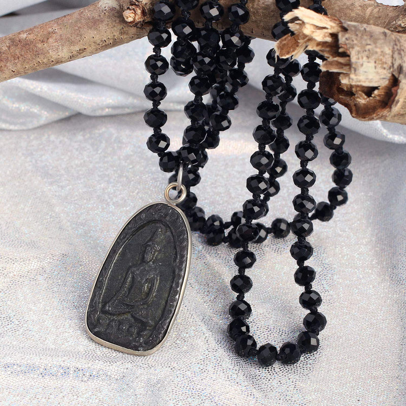 [Australia] - C·QUAN CHI Handmade Crystal Beaded Necklace Women Long Buddha Pendant Necklace Statement Strand Necklace Gifts Jewelry for Women Gifts for Girls Black 