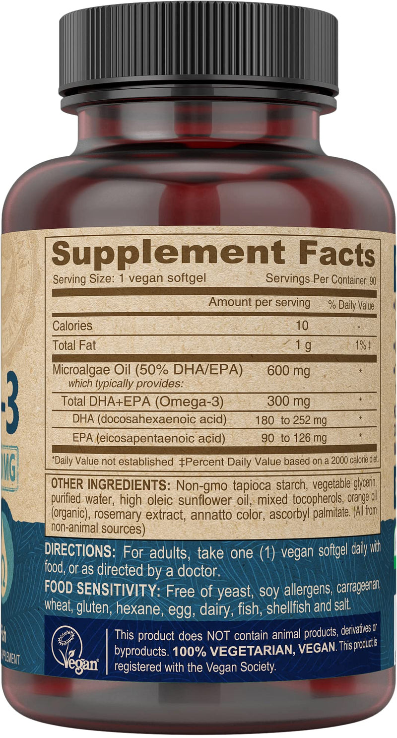 [Australia] - Deva Vegan Omega-3 DHA EPA Natural Supplement Once-Per-Day Softgel 300 MG - Carrageenan Gelatin & Gluten Free - Non-Fish Algae Oil Fatty Acids - 90 Softgels 