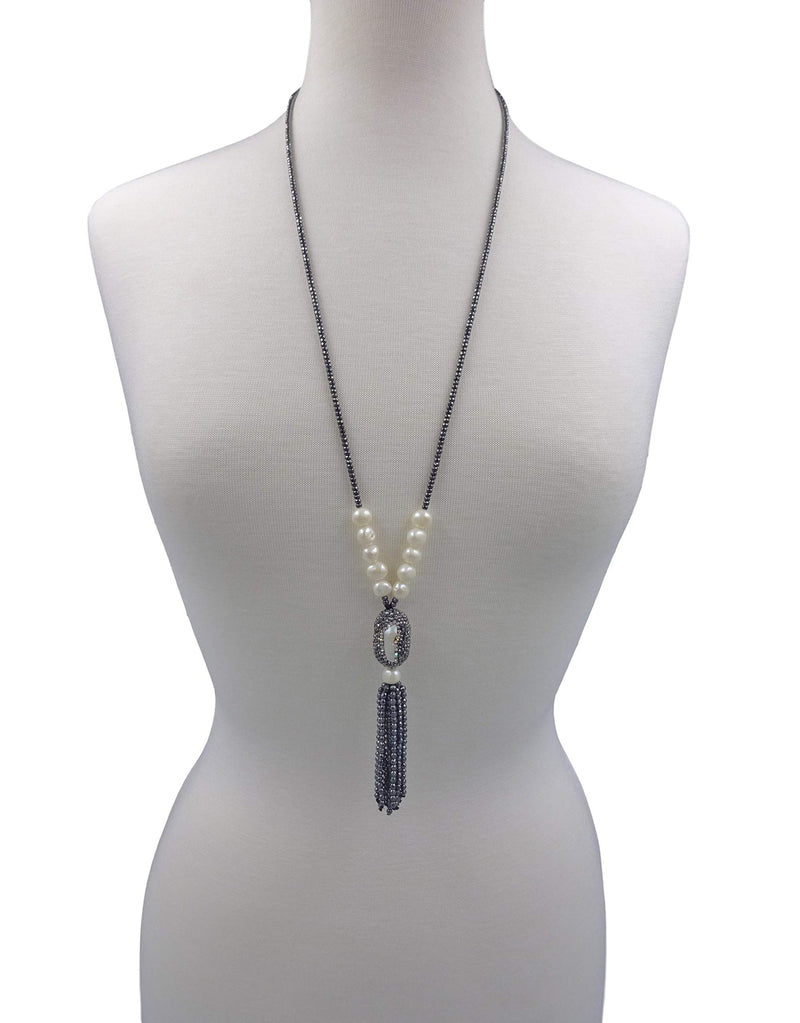 [Australia] - MGR MY GEMS ROCK! Cultured Fresh Water Pearl with Pearl-Druzy Pave Pendant and Hematite Tassel Necklace 