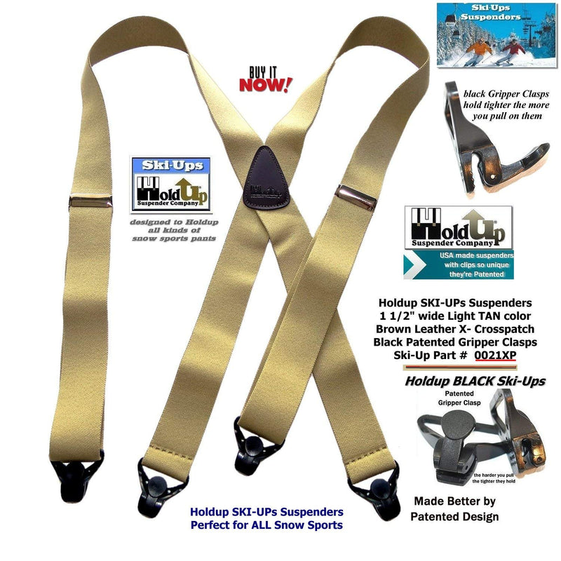 [Australia] - Holdup Brand Light Tan Snow Ski Suspenders in 1 1/2" width and X-back style with black Patented Gripper Clasp 