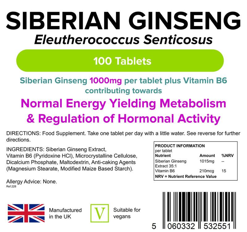 [Australia] - Lindens Siberian Ginseng 1000mg Tablets - 100 Pack - Potent Extract of Eleutherococcus Senticosus in A Convenient One-a-Day Tablet - UK Manufacturer, Letterbox Friendly 