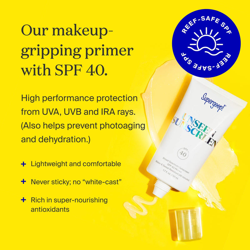 [Australia] - Supergoop! Unseen Sunscreen SPF 40, 0.5 oz - Oil-Free, Weightless & Invisible Reef-Safe, Broad Spectrum Face Sunscreen for All Skin Types - Scent-Free - Great Makeup Primer - Beard-Friendly 