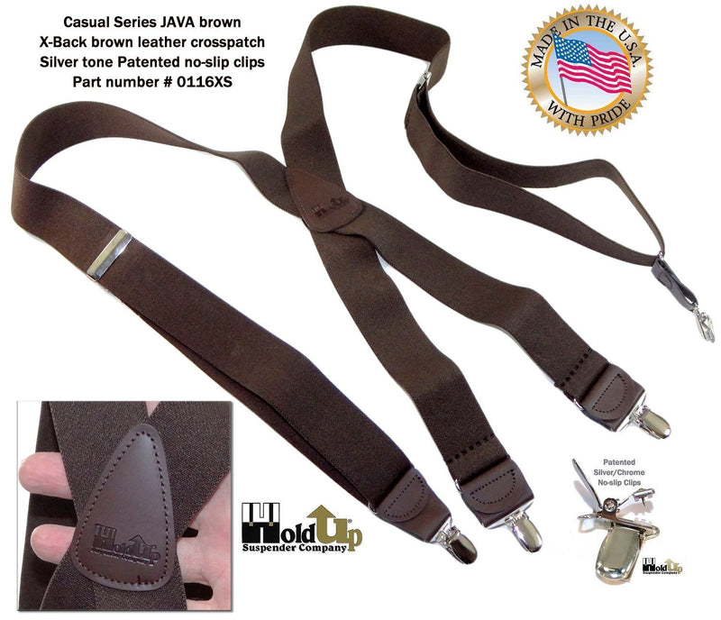 [Australia] - Hold-Up Dark Java Brown X-back Suspenders with Patented No-slip Silver Clips 