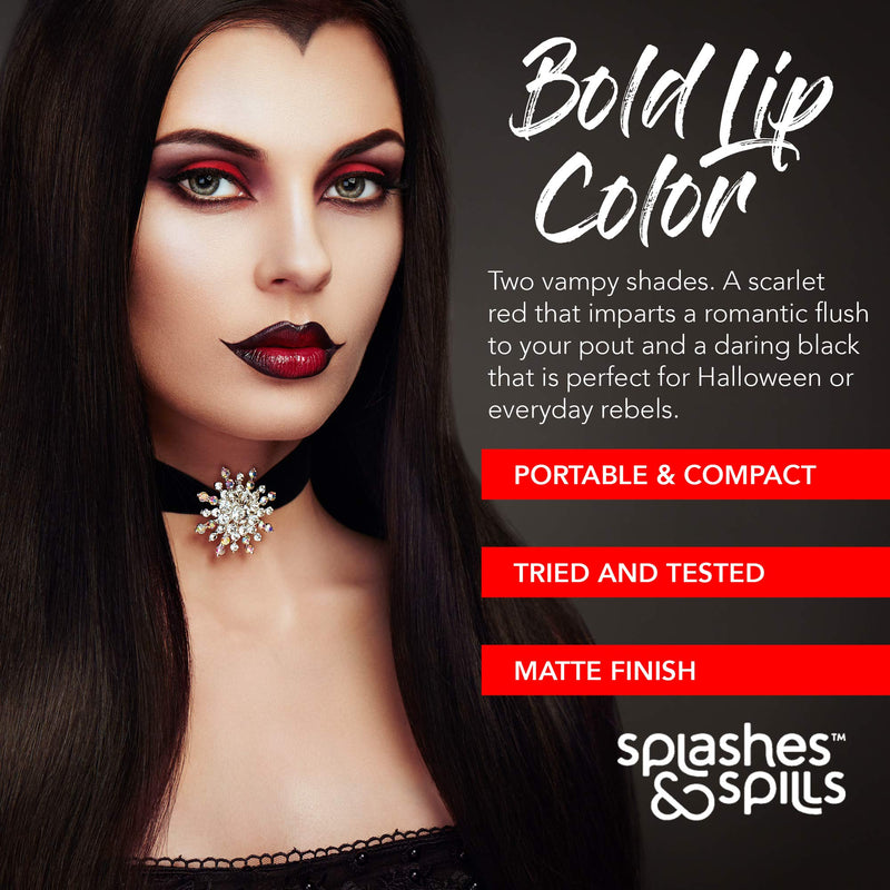 [Australia] - Vivid Black and Red Lipstick - 2 Pack Combo - Bold, Translucent, No Sheen Lip Color With Matte Finish - Makeup and Cosmetics by Splashes & Spills 1 Midnight Black & 1 Scarlet Red 