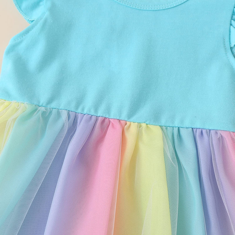 [Australia] - Toddler Baby Girl Rainbow Dress Ruffle Sleeve Romper Colorful Tulle Tutu Sundress Birthday Party Princess Clothes Blue 9-12 Months 