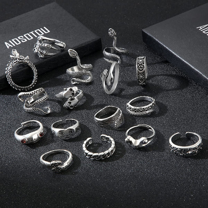 [Australia] - AIDSOTOU Mens Vintage Open Rings Set Frog Snake Skull Cool Punk Goth Ring for Men Women Girls Adjustable Silver-16 PCS 